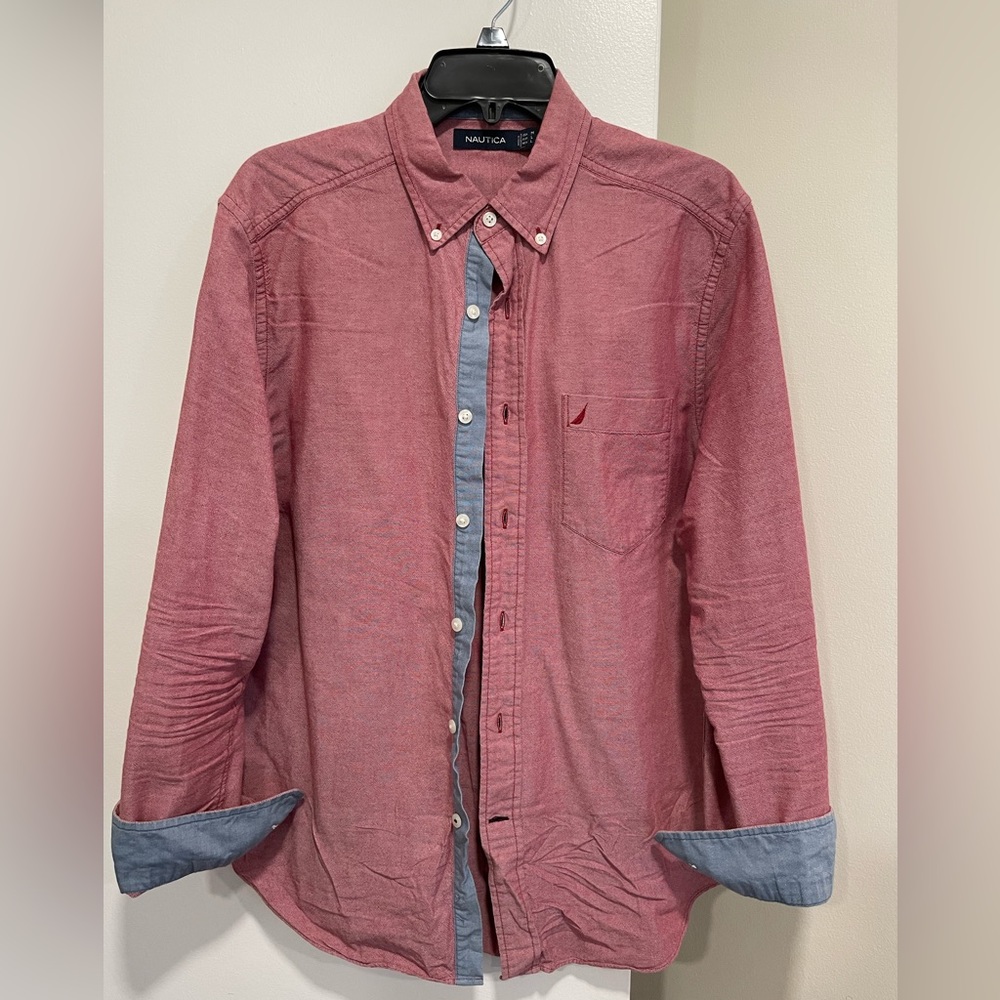 Nautica red button down shirt with gray cuff accents